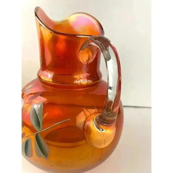 VTG Carnival Glass Orange Iridescent Pitcher Glass Blown Hand Painted 10" Floral - Picture 6 of 16